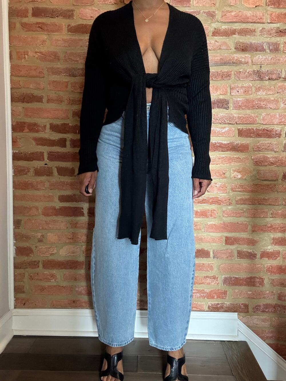 MOD REF Black Ribbed Knit Tie Front Cardigan Sweater